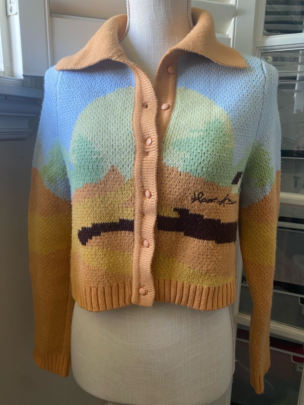 House of Sunny Pastel Landscape Cardigan in Blue, Mint & Camel 4
